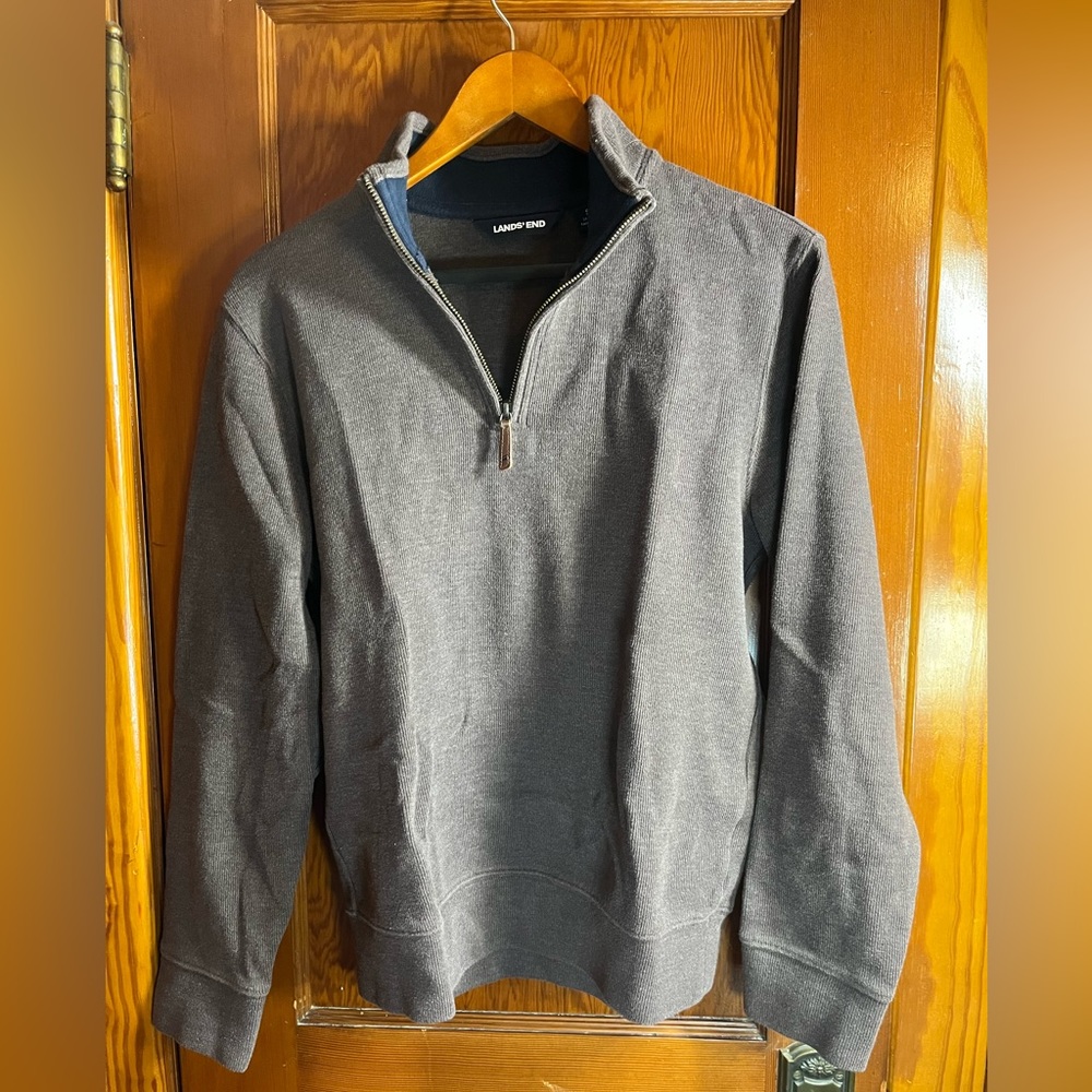 Lands End Pullover Zip Cotton Sweater, small, brown
